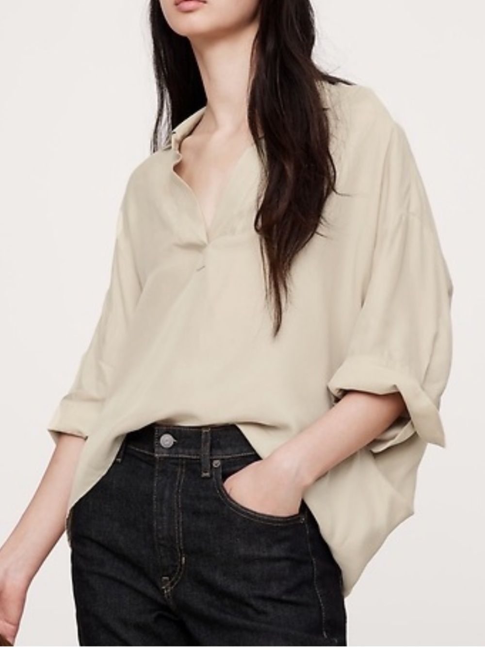 New Banana Republic Oversized Twill Popover Top Cupro V-Neck Size XS Minimalist